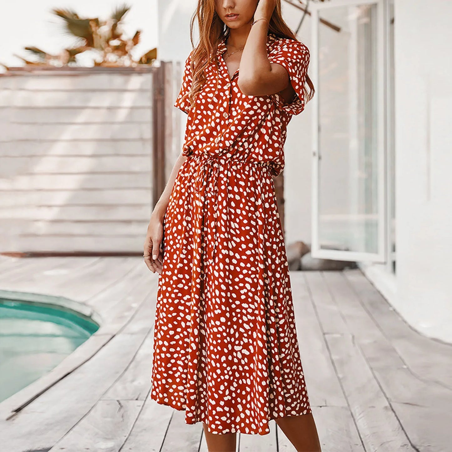 Summer Dresses Women Summer Polka Dot Printing With Buttons Short Sleeves Drawstring Waist