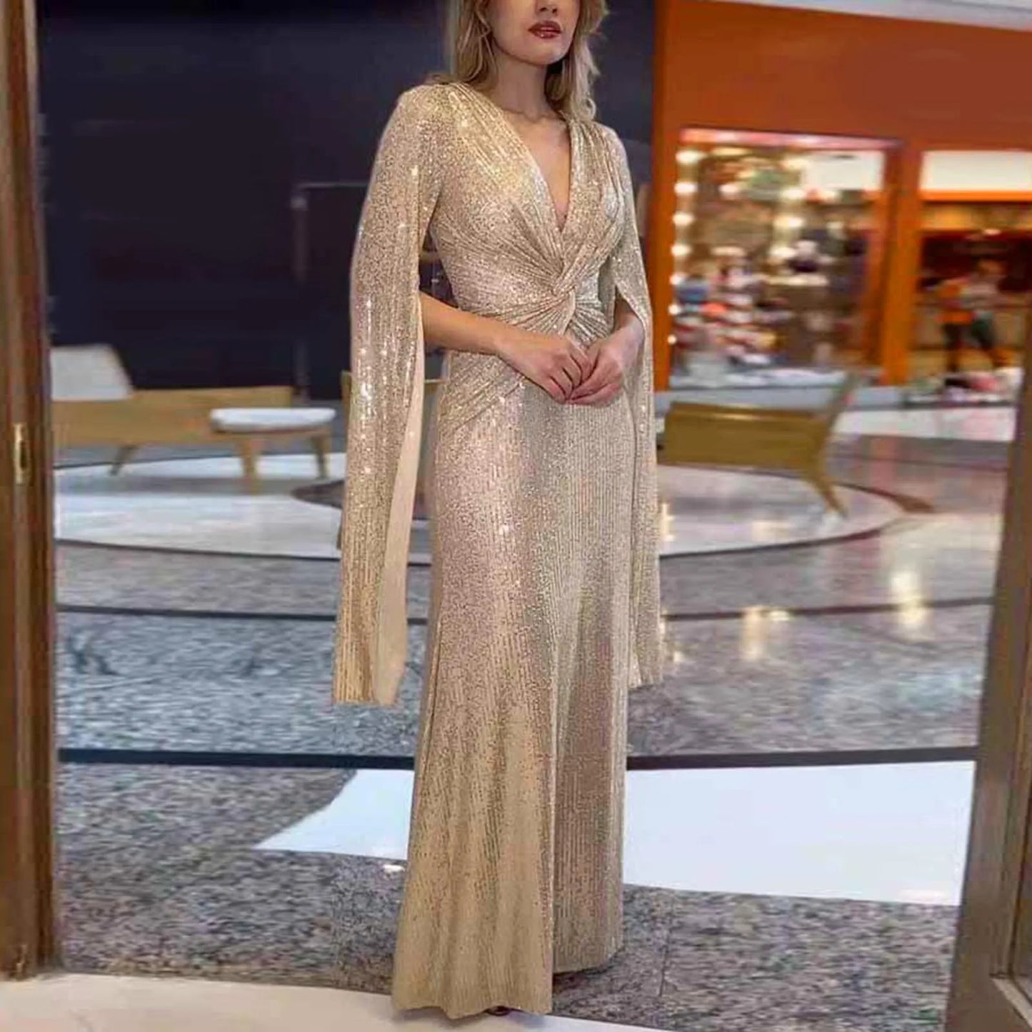 Women Formal Dress Sequin Slit Long Sleeve Long V Neck Beaded