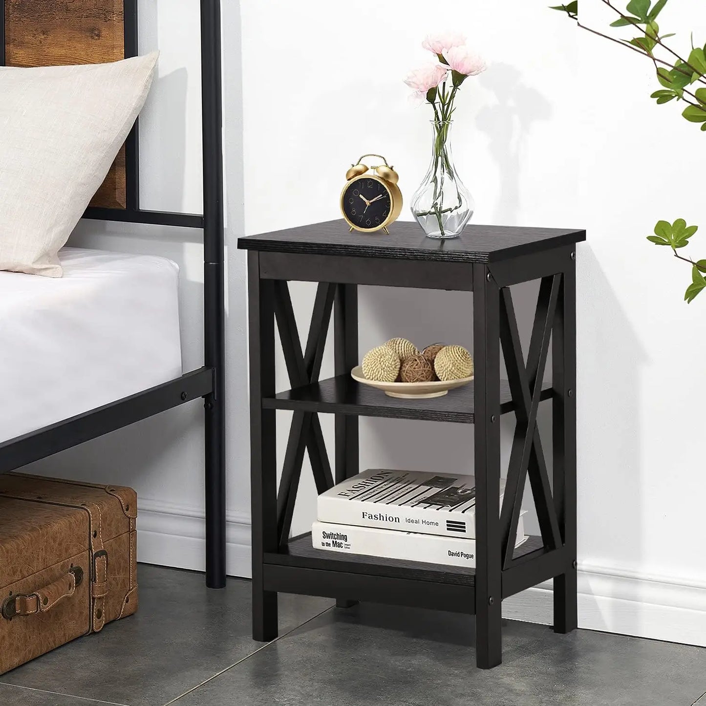 Modern Nightstands X-Design Side End Table Night Stand with Storage Shelf Set of 2