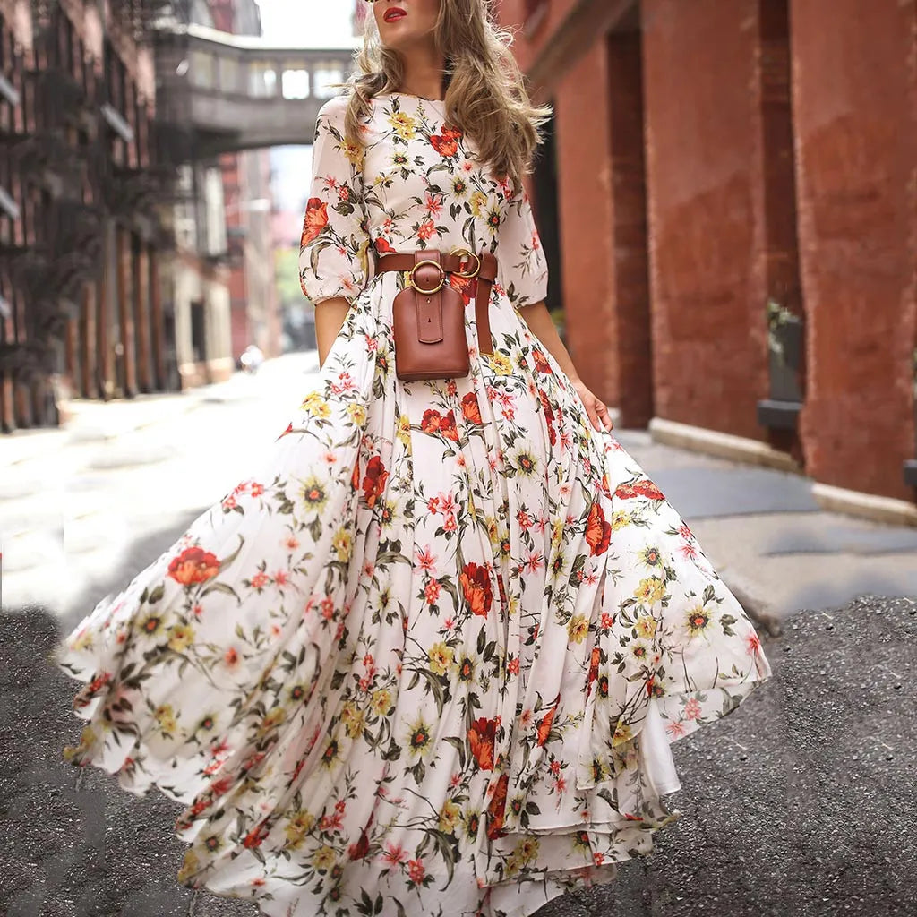 Summer Boho Floral-Printed Dresses Half Sleeve Maxi Dress Pleated Swing Dress