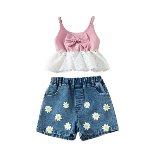 Girls Spring Summer Bow Tie Suspender Daisy Print Denim Shorts Outfits