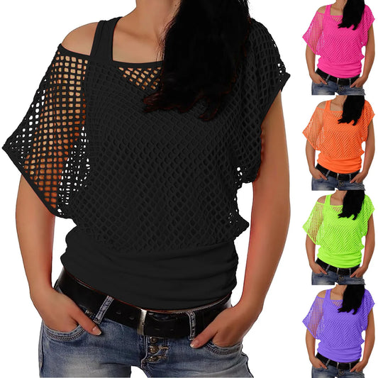 Girls T Shirts Neon Fishnet Mesh Top Off Shoulder