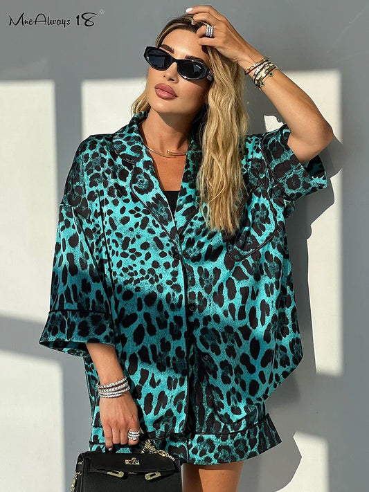 Green Leopard Print Shorts 2 Pieces Lady's Sleepwear