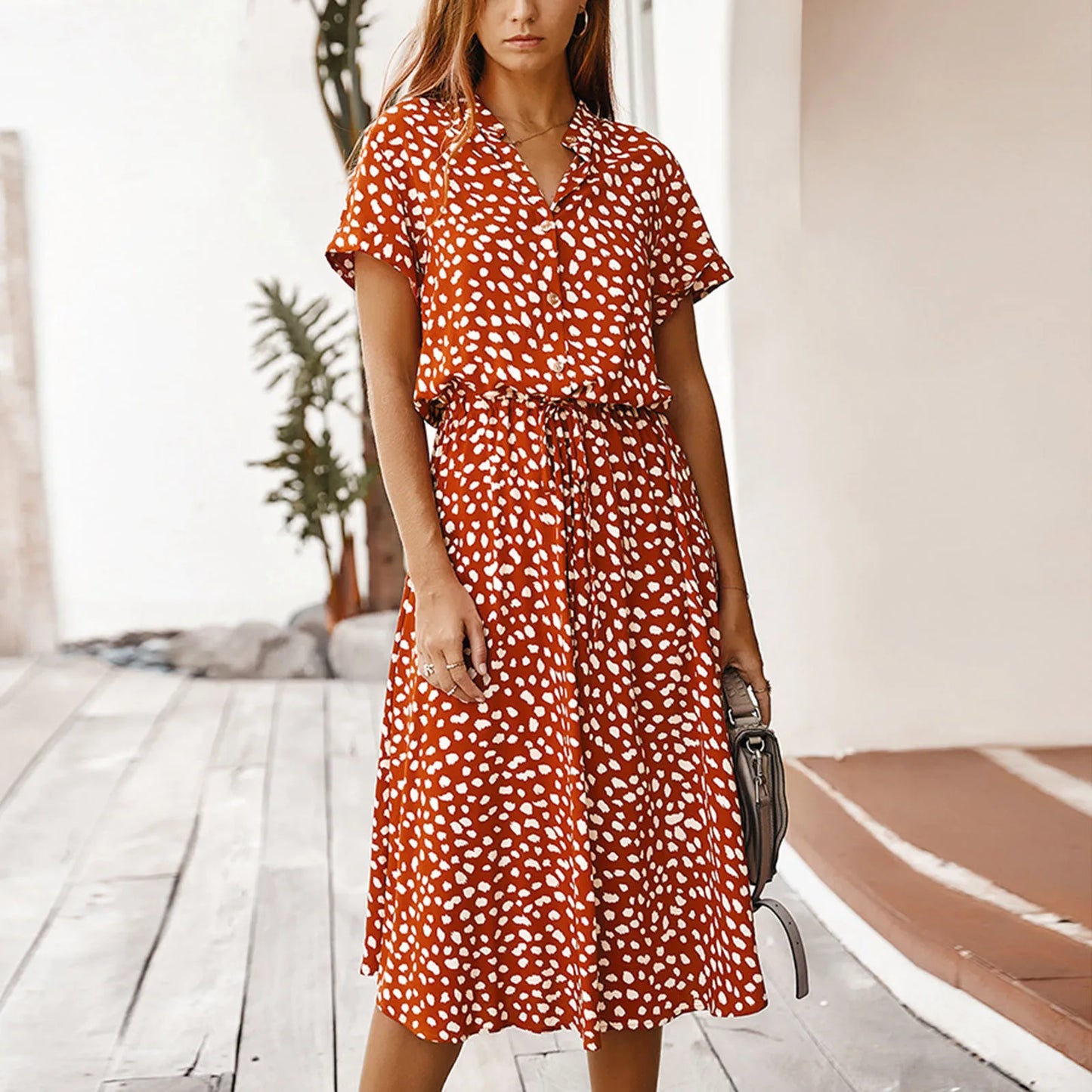 Summer Dresses Women Summer Polka Dot Printing With Buttons Short Sleeves Drawstring Waist