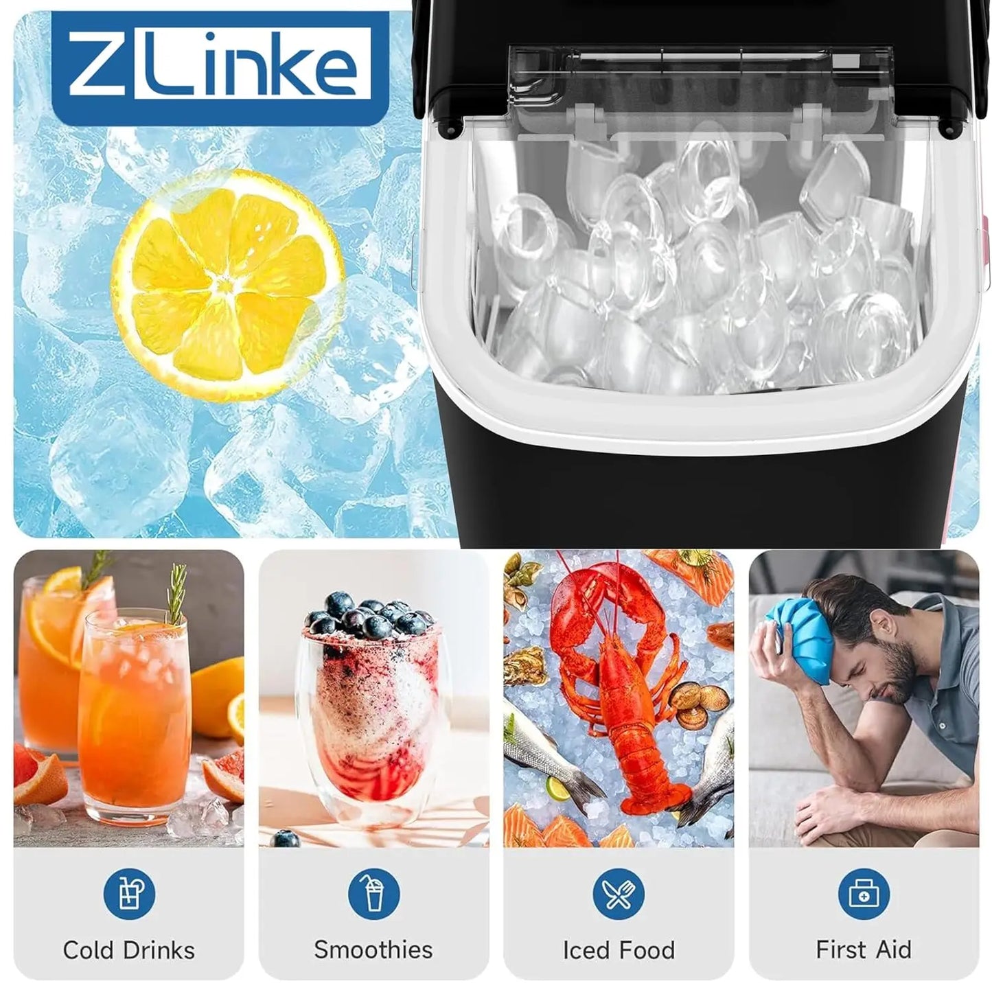 Countertop Ice Maker, Ice Maker Machine 6 Mins 9 Bullet Ice, 26.5lbs/24Hrs
