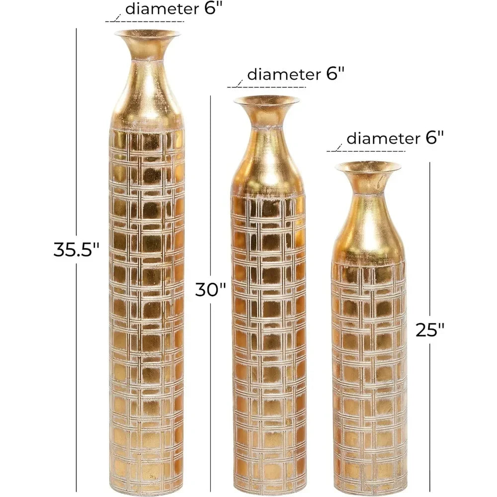 Gold Flower Metallic Vase With Etched Grid Patterns Vases Set of 3