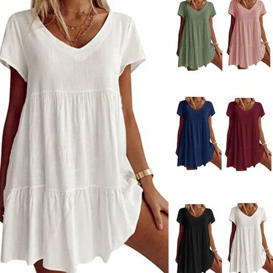 Women Short Sleeve V-Neck Swing Tunic Mini Dress