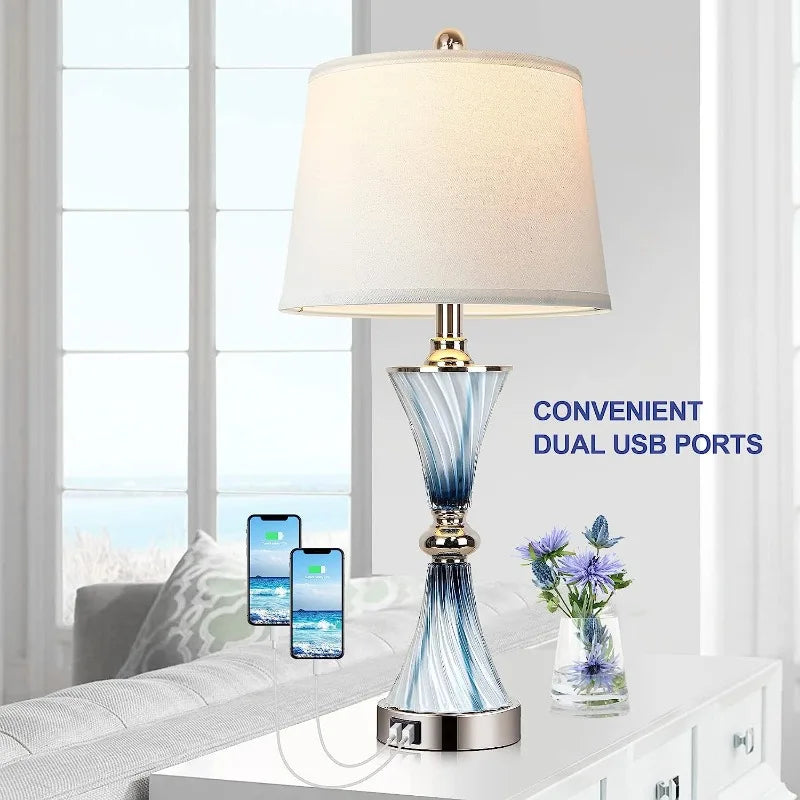 2 Blue Glass Table Lamps with 2 USB ports 3-Way Dimmable