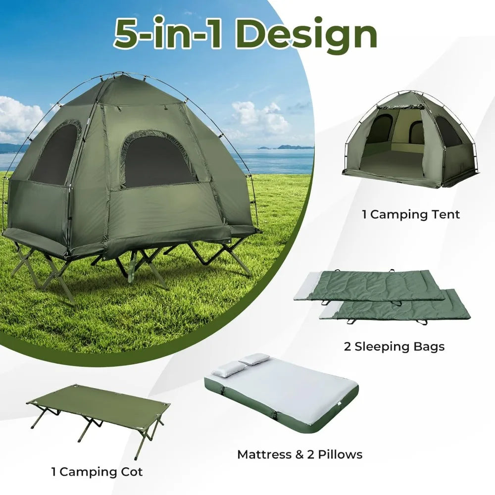 Tent Cot, 5-in-1 Folding Camping Cot with Mattress & Pillows