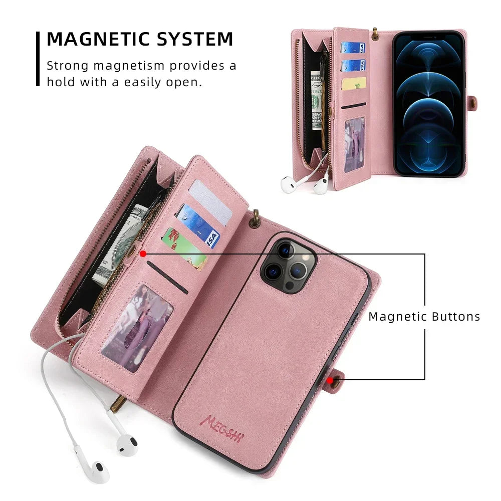 Wallet PU Leather Phone Case Cover For iPhone with Card Slots Zipper Wallet