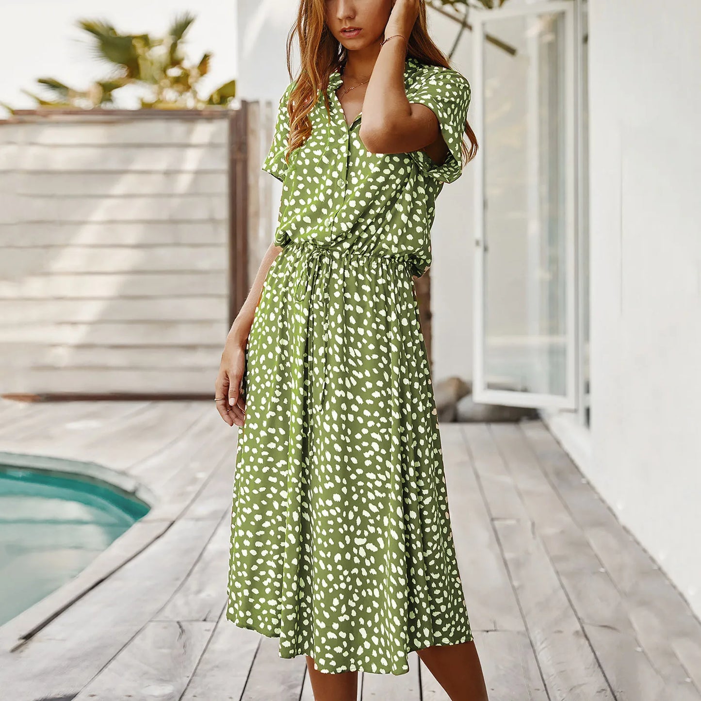 Summer Dresses Women Summer Polka Dot Printing With Buttons Short Sleeves Drawstring Waist